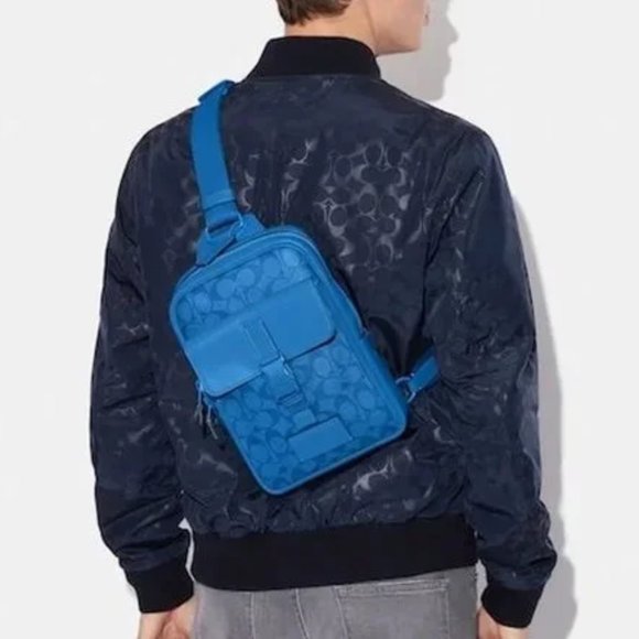 🥰 COACH Track Pack In Signature Canvas Gunmetal/Bright Blue - Picture 2 of 12